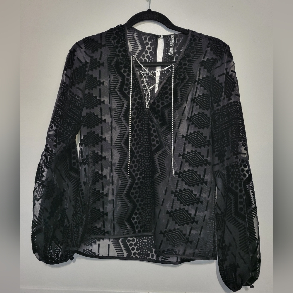 Yoana Baraschi Mesh Sheer Burnout Velvet Blouse Size XS Black